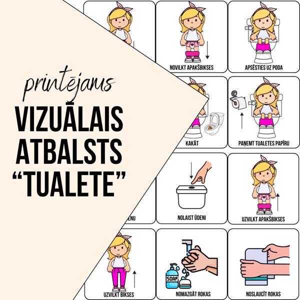 Vizuālā atbalsta materiāls - Tualetes apmācības kartītes MEITENĒM